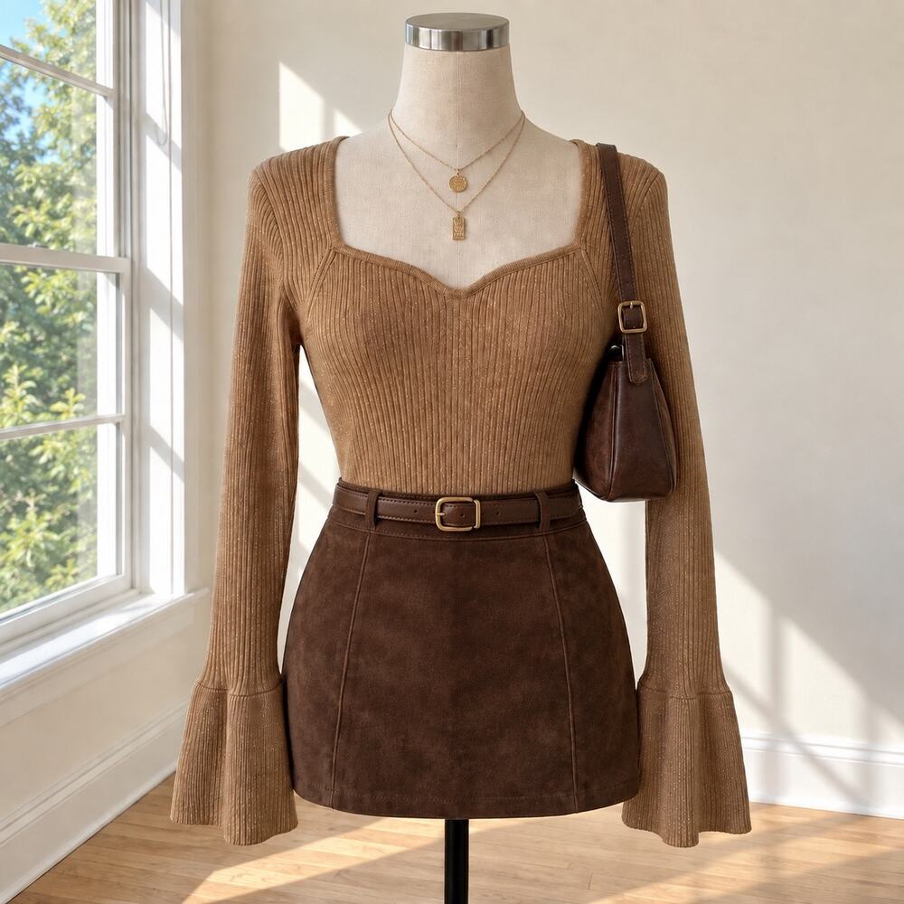 NWT Loft Women's Tan Blouse Bell Sleeve Stretch Fairy Sz M